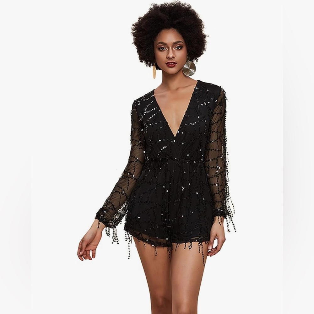 Black long sleeve sequin romper